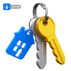 Keys with keychain in the form of house. Concept on real estate theme, buying, selling, protection, security, property insurance. Isolated on white background. Vector 3d realistic illustration