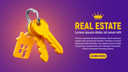 Keys with keychain in the form of house. Banner template on real estate theme, buying, selling, protection, security, property insurance, violet background. Vector 3d realistic illustration