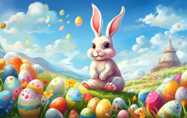 Easter bunny with a rainbow and easter eggs Generative ai