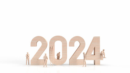The wood 2024 number and business man on white background  3d rendering