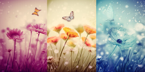 Obraz na płótnie Canvas abstract spring background or summer background. dandelion, daisy, tulip, butterfly Generative AI