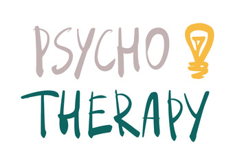 Psychotherapy banner, sketch with a marker, inscription with a light bulb symbol, modern design, hand drawing. Vector illustration isolated on white background.