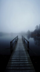 Wooden dock overlooking on a mist lake in wilderness with mystery fog, ghostly mountain lake. Generative AI