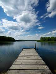 Fototapeta premium Wooden dock overlooking on a calm lake in wilderness with reflecting sky on beautiful sunny summer day. Generative AI