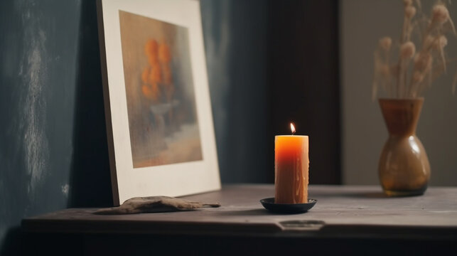 Burning aromatic candle with ceramic bowl and painting on the wooden table, warm aesthetic composition with ceramic bowl and abstract painting, interior decoration. Generative AI