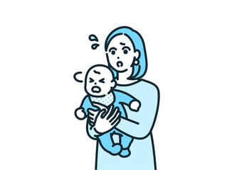 ぐずる赤ちゃんに慌てるお母さん。泣く赤ちゃんをあやすイラスト素材。