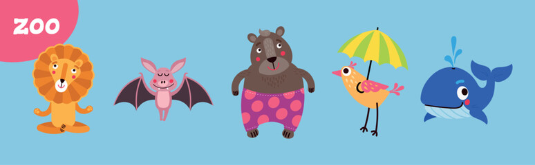 Set of cute vector animal characters for kids. African, marine and forest animals