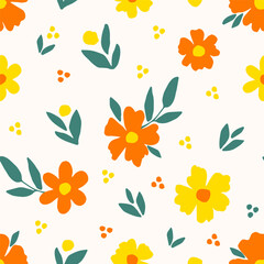 Simple gentle calm floral vector seamless pattern. Yellow orange flowers, green leaves on a light pink background. For fabric prints, textile products, clothing.