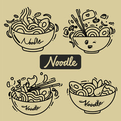 Line art illustration of noodles with various toppings. eps 10 collection set