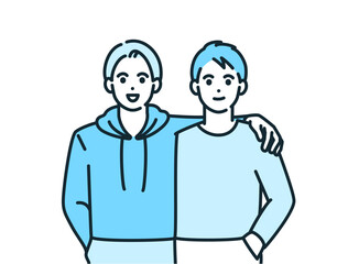 仲良しな二人組。肩を組み微笑む男性のシンプルなベクターイラスト素材。