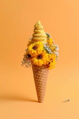 Creative concept of vegetarian ice cream. Fruit yellow sorbet with flowers in waffle cone. AI generative.  - obrazy, fototapety, plakaty
