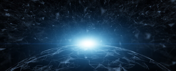 Futuristic cyberspace network sphere with lines dots and triangle shapes. 
