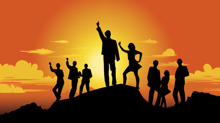 Fototapeta na wymiar silhouettes of people celebrating the success, leadership, teamwork, team building