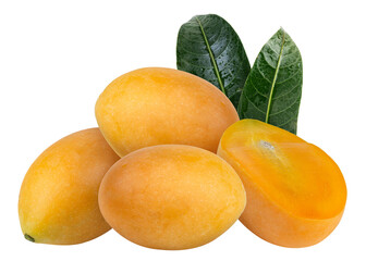 Marian plum or plum mango fruit with green leaves - obrazy, fototapety, plakaty