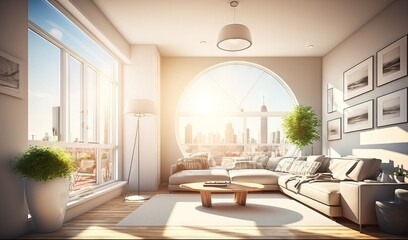  a living room with a large window and a couch in front of it.  generative ai
