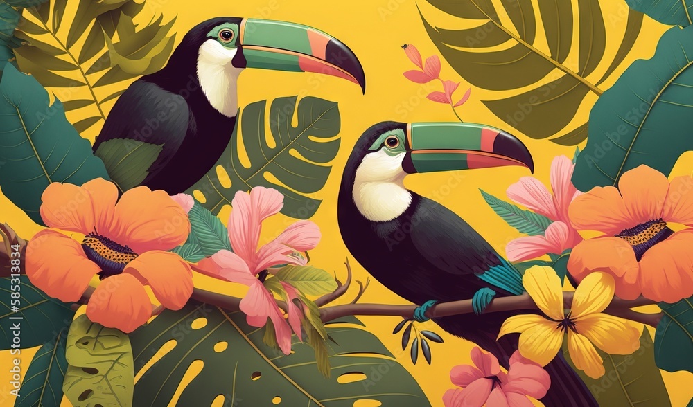 Poster  a painting of two toucans on a branch with flowers.  generative ai