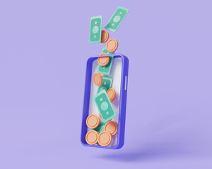 Money transaction concept. Banknotes and coins on mobile phone. Mobile payment, money transfer, cashback, mobile banking, online shopping, online payment, money-saving. 3d icon render illustration