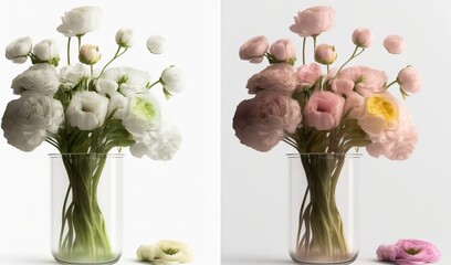  two vases with flowers in them on a white background.  generative ai