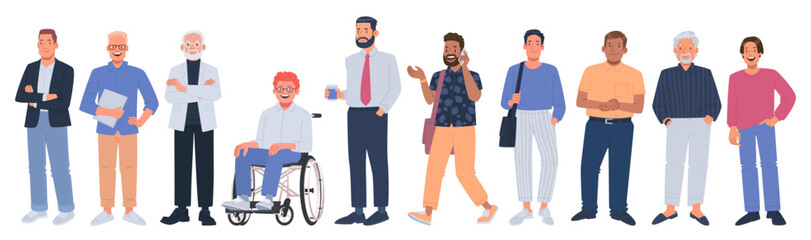 Collection of business men of different ages and races on a white background. Active and young, a smiling guy in a wheelchair