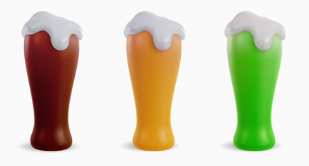 Set glass of yellow, dark and green beer isolated on white background. 3d cartoon vivid illustration in realistic minimal style. Collection bright modern vector graphic element.