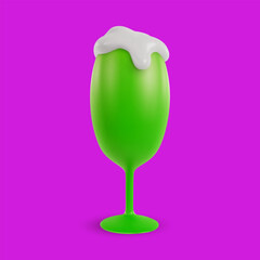 Glass of green beer isolated on colorful background. 3d cartoon vivid illustration in realistic minimal style. Bright modern vector graphic element.