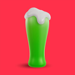Glass of green beer isolated on colorful background. 3d cartoon vivid illustration in realistic minimal style. Bright modern vector graphic element.