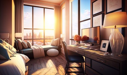  a bedroom with a bed, desk, and large windows.  generative ai