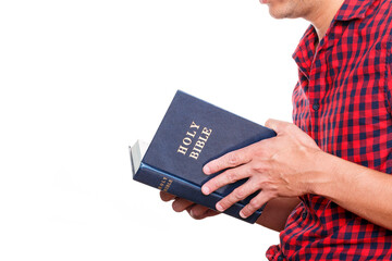 Men holding the holy bible book isolated on white background