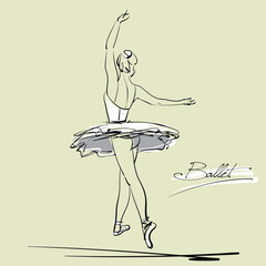 art sketch of beautiful young ballerina bow to the audience after the performance; white tutu, ballet shoes, ballet dancer; drawing isolated vector