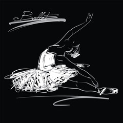 art sketch of sitting on floor beautiful young ballerina in dance pose, in white tutu; ballet shoes, dancer;  white drawing isolated vector on black