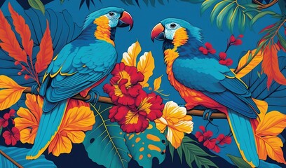  two parrots sitting on a branch with flowers and leaves.  generative ai