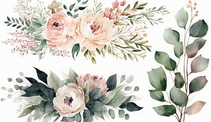 Watercolor floral illustration bouquet set -  leaves, peach blush  flowers branches. Wedding invitations, greetings, wallpapers, fashion, prints. Eucalyptus, olive, peony, rose, Generate Ai