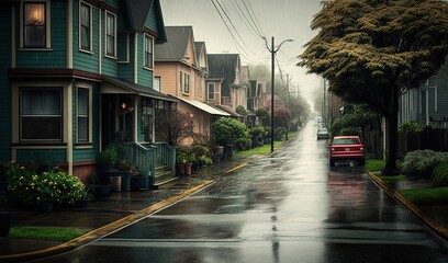 Fototapeta premium a red car parked on a wet street in the rain. generative ai