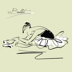 art sketch of sitting on floor and resting beautiful young ballerina in white tutu; ballet shoes, dancer; drawing isolated vector