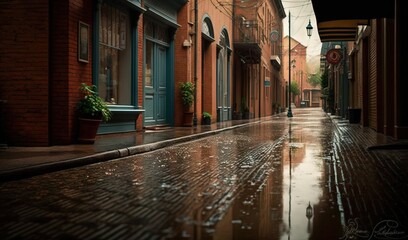 Naklejka na ściany i meble a wet street with a person walking down the street in the rain. generative ai