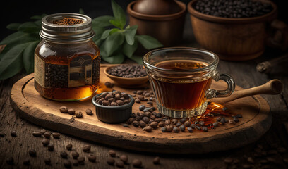 Obraz na płótnie Canvas a cup of coffee and a jar of coffee beans on a wooden tray. generative ai