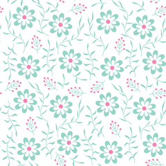 White background with blue flowers and leaves. Decorative seamless pattern for wrapping paper, wallpaper, textile, greeting cards and invitations.