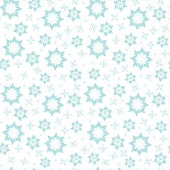 White background with blue snow flowers. Decorative seamless pattern for wrapping paper, wallpaper, textile, greeting cards and invitations.