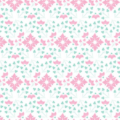 White background with pink flowers and leaves. Decorative seamless pattern for wrapping paper, wallpaper, textile, greeting cards and invitations.