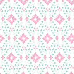 White background with pink flowers and leaves. Decorative seamless pattern for wrapping paper, wallpaper, textile, greeting cards and invitations.