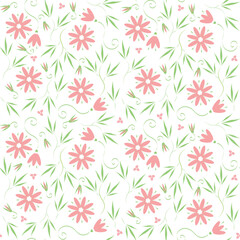 Fototapeta na wymiar White background with pink flowers and leaves. Decorative seamless pattern for wrapping paper, wallpaper, textile, greeting cards and invitations.