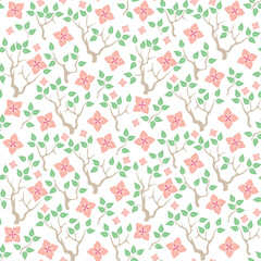 White background with pink flowers, branches and leaves. Decorative seamless pattern for wrapping paper, wallpaper, textile, greeting cards and invitations.