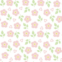White background with pink flowers and leaves. Decorative seamless pattern for wrapping paper, wallpaper, textile, greeting cards and invitations.