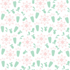 White background with pink cactus flowers and leaves. Decorative seamless pattern for wrapping paper, wallpaper, textile, greeting cards and invitations.
