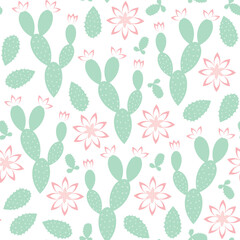 White background with pink opuntia flowers and leaves. Decorative seamless pattern for wrapping paper, wallpaper, textile, greeting cards and invitations.