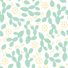 White background with yellow opuntia flowers and leaves. Decorative seamless pattern for wrapping paper, wallpaper, textile, greeting cards and invitations.