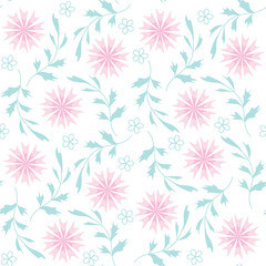 White background with pink cornflowers and leaves. Decorative seamless pattern for wrapping paper, wallpaper, textile, greeting cards and invitations.