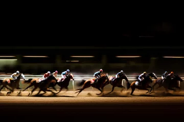 Poster Horse racing at night. Silhouette of thoroughbred and jockey. Generative AI. © junghc1