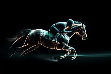 Tuinposter Horse racing at night. Digital illustration of thoroughbred and jockey. Generative AI. © junghc1