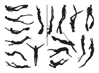 Freediver silhouette vector illustration set.